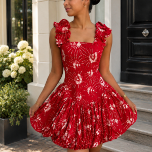 timeless statement piece designed for effortless elegance. The Ruby Bloom Dress is crafted from 100% premium cotton and features a flattering smocked bodice, romantic ruffled shoulder straps, and a voluminous balloon skirt that creates a feminine silhouette. Perfect for summer events, holidays, brunches, weddings, and special occasions.